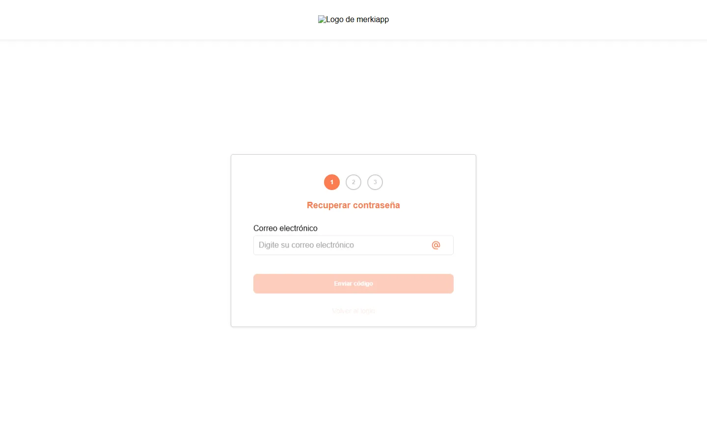 Pantalla para solicitar el restablecimiento de contraseña en la tienda Merkiapp.