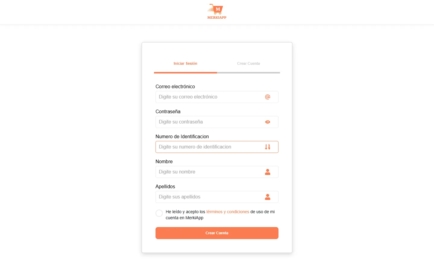 Formulario de registro de un cliente nuevo en la tienda Merkiapp, dentro de la pantalla de login en la pestaña "Crear cuenta".